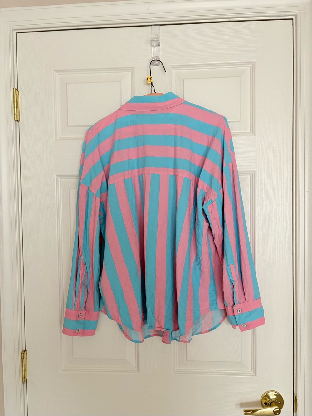 Zara Linen Blend Pink and Blue Vertical Stripe Button-Down Shirt - Picture 2 of 6